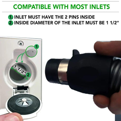 Universal Central Vacuum Hose With 40 Ft Reach High Voltage On Off Handle Switch Pigtail Power Cord Crushproof Beefy Design shown with inlet compatibility