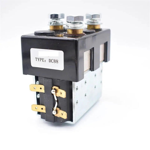 Heavy Duty DC Contactor Relay Provides Rock Solid Forward And Reverse Motor Switching For Electric Rides And Custom Rigs Made Tough Compatible With 12V 24V 36V 48V And 60V Systems close-up view showing terminals and metal casing.