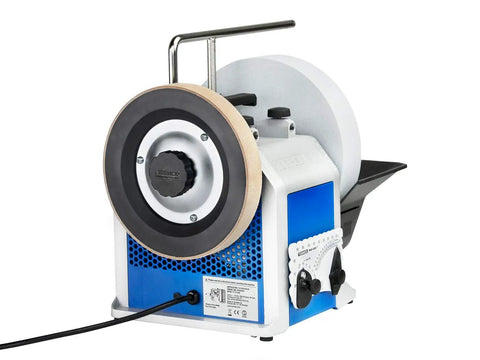 Top Shelf Water Cooled Sharpening System For Keeping All Your Edges Slick And Fly On Every Woodworking Project Featuring Smooth Wet Cooling with large sharpening wheel.