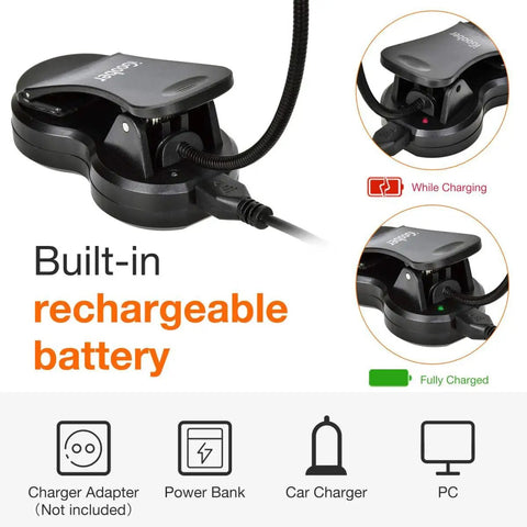 Amber Clip On Book Light With Rechargeable Battery, blue light blocking reading lamp, charging indicators shown