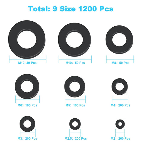 Premium Nylon Flat Washers Set With 1200 Pcs In 9 Sizes M2-M12 Black Fender Washers Assorted Kit For Screws And Bolts