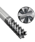 Six Flute Carbide End Mill Square Cutter With Fifty Degree High Helix For High Hardness Steel Finishing, One Half Inch Shank, Balzers PVD Coating, Ultra Fine Grain Tungsten Carbide For Smooth High RPM Cuts.