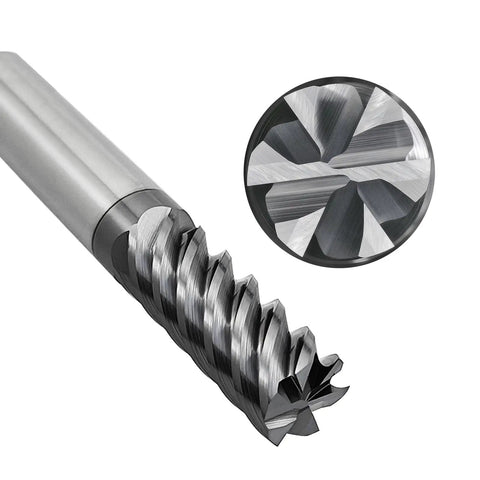 Six Flute Carbide End Mill Square Cutter With Fifty Degree High Helix For High Hardness Steel Finishing, One Half Inch Shank, Balzers PVD Coating, Ultra Fine Grain Tungsten Carbide For Smooth High RPM Cuts.