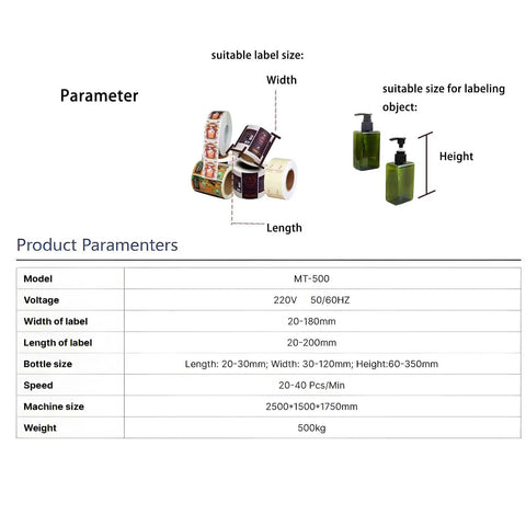 Image showing specifications for Automatic Double Side Square Bottle Labeling Machine With Snappy Touchscreen Interface And Rock Solid Conveyor For Zero Fuss Front Back Labeling Plus Optional Code Printing Heavy Duty Setup.