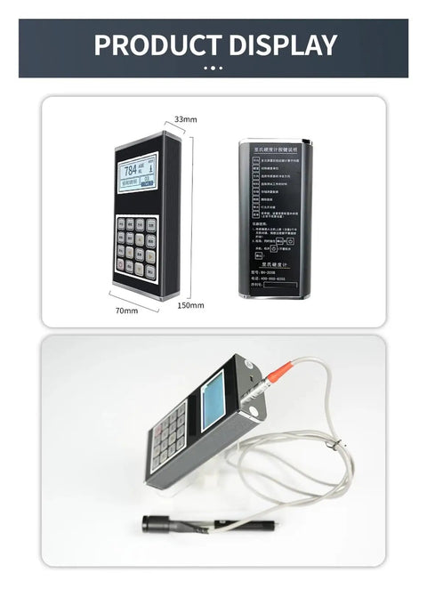 Heavy Duty Portable Digital Leeb Hardness Tester With Dead On Accuracy For Testing Stainless Steel Copper Aluminum And Forged Metals Without The Hassle, showing display and details.