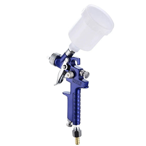 Top Shelf Slick Finish HVLP Mini Paint Spray Gun With 0.8mm And 1.0mm Nozzles For Car Detailing and Aerography, featuring a clear cup and ergonomic design.