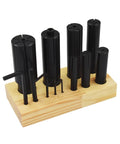 Expandable Arbor Set 1/4 To 1-1/4 Inch For Lathe And Milling Machines, 8 Piece Expansion Mandrel Kit For Chucks, Collets, Fixtures, And Grinding, Adjustable Diameter And Length, Durable Hard Alloy Construction, black arbors on wooden stand