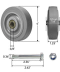 4 Inch Caster Wheel Set For Cart And Furniture, Three Eighths Inch Bore, Nonmarking Thermoplastic Rubber Wheel Tread Bonded To Polyolefin Core