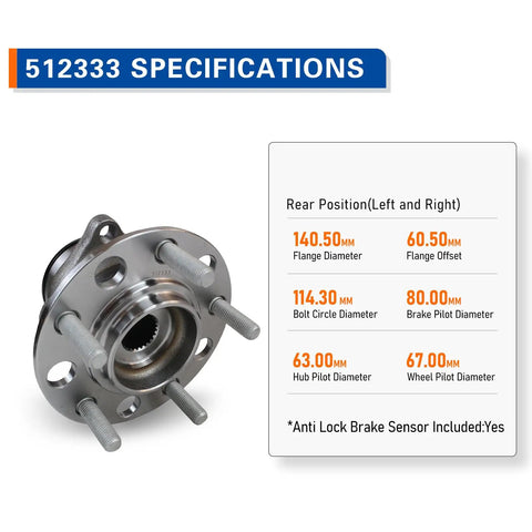 Rear Wheel Hub and Bearing Assembly for 2007-2017 Jeep Compass Patriot 4WD and 2007-2008 Dodge Caliber AWD 5-Lug specifications chart
