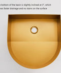 Top Shelf Stainless Steel Gold Vessel Sink, Semi Circular Above Counter Basin With Push Type Drain, sleek inclined 3° bottom for faster drainage.