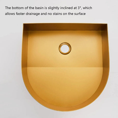 Top Shelf Stainless Steel Gold Vessel Sink, Semi Circular Above Counter Basin With Push Type Drain, sleek inclined 3° bottom for faster drainage.