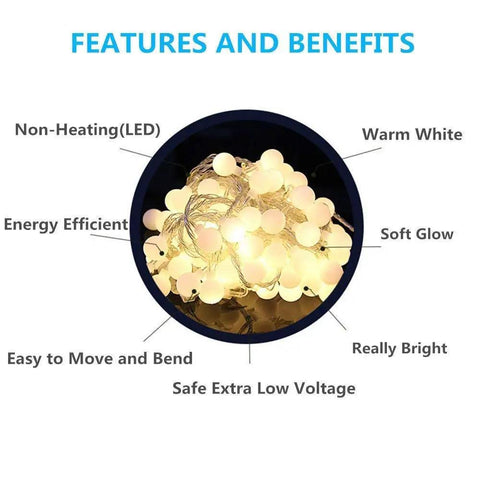 Globe String Lights With 49.2 Feet Total Length, 100 Warm White LEDs, 8 Remote Modes, IP44 Waterproof benefits diagram