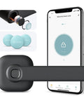 Slick Smart Door Lock With Fingerprint And NFC App Control And Bluetooth Keyless Entry With Modern Black Finish Displayed With App