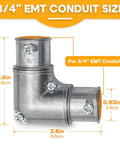 Top Shelf 3/4 Inch EMT Fittings For Zero Stress Job Site Layout Includes Five 90 Degree Inside Corner Pulling Elbows, close-up of size dimensions.