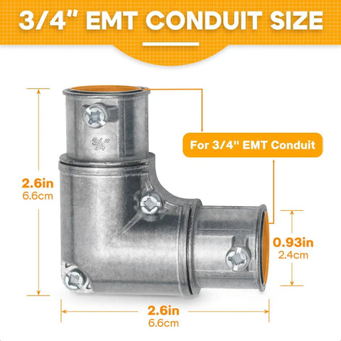 Top Shelf 3/4 Inch EMT Fittings For Zero Stress Job Site Layout Includes Five 90 Degree Inside Corner Pulling Elbows, close-up of size dimensions.
