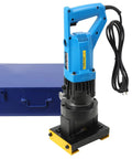 Top Notch 1400W Portable Electric Hydraulic Angle Cutter Fast Cuts Steel Angle Iron And Aluminum Plates With Precision Beveling Up To 45 Degrees, displayed with a blue toolbox.
