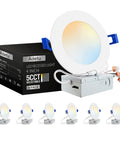 Six Pack Four Inch Ultra Thin LED Recessed Ceiling Lights With Junction Box Dimmable Canless Wafer Downlights shown with box