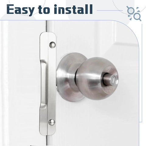 Two Pack Heavy Duty Carbon Steel Door Latch Guard Plate Rock Solid Security Strike Cover Blocks Forced Entry Easy No Sweat Install For Outswing Doors Property Protection mounted on door with knob, easy installation feature.