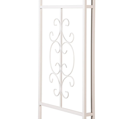 Close-up of ornate scrollwork on Arch Metal Outdoor Garden Arbor Montebello White 7 Feet Tall Iron Trellis Lattice