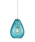 Lagoon Mini Pendant Light with Dope Aqua Water Glass in Satin Nickel Finish, 1 Light Modern Ceiling Fixture, Blue Glass Accent