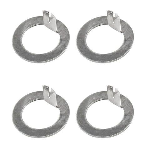 Four silver 1-inch trailer wheel spindle washers with tang tabs