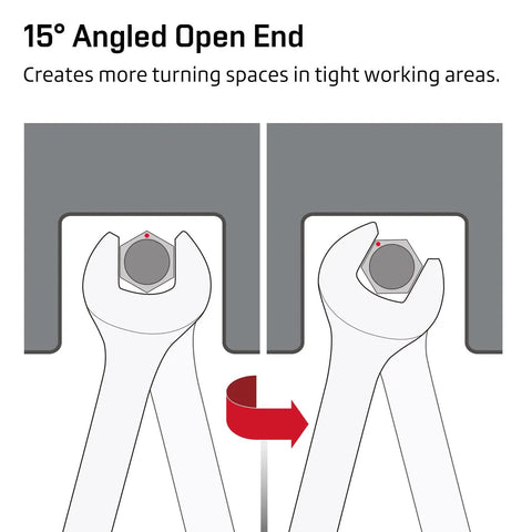 Illustration showing 15-degree angled open end wrenches from the 11-Piece SAE Combination Wrench Set In Roll Up Pouch Non-Skip Inch Sizes 1/4 To 3/4 Inch Chrome Vanadium Steel With Mirror Finish Ideal For Home Garage Auto Repairs And More, highlighting easy access in tight spaces.