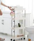 No Sweat Rolling Utility Cart With Smooth Slide Out Storage Rack And Reinforced Hook Compact Mobile Shelving Organizer Fits Narrow Slots Easy Tool Free Assembly For Bathroom Or Kitchen showing compact cart in bathroom with toiletries.