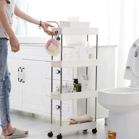 No Sweat Rolling Utility Cart With Smooth Slide Out Storage Rack And Reinforced Hook Compact Mobile Shelving Organizer Fits Narrow Slots Easy Tool Free Assembly For Bathroom Or Kitchen showing compact cart in bathroom with toiletries.