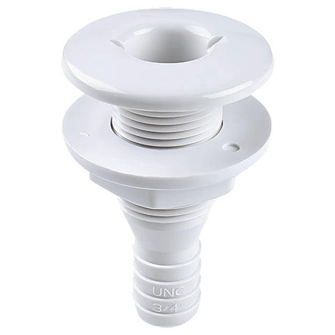 Close-up of Seaflo 3/4-inch thru-hull fitting, white polypropylene for boat bilge/deck outlet