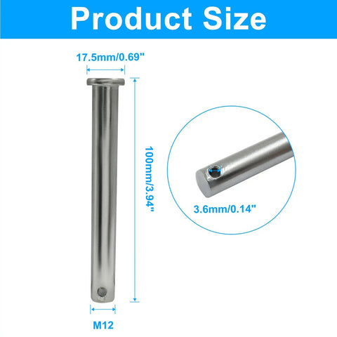 Heavy Duty Single Hole Clevis Pins M12 X 100 Mm Flat Head Two Piece Set size dimensions showing width and length.