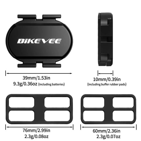 Cadence and Speed Sensor for Cycling With Dual Mode RPM Tracking, Wireless Bluetooth and ANT Plus Connectivity, dimensions and mounts