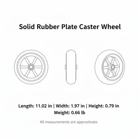 Diagram of Heavy Duty Solid Rubber Plate Caster Wheel 11.02 Inch Diameter with dimensions, side and front views