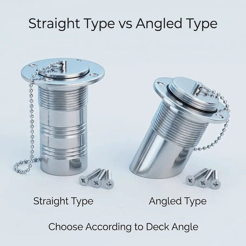 Straight Marine Fuel Deck Fill 38mm One And A Half Inch With Stainless Steel 316 Body And Keyless Cap For Boats Yachts And RVs Rugged Deck Filler Fitting For Easy Refueling, showing straight and angled types with screws.