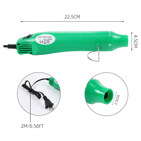Hot Air Heat Gun for Crafting and DIY Projects, 110V 300W Handheld with 3.28Ft Cable, green design with dimensions shown.