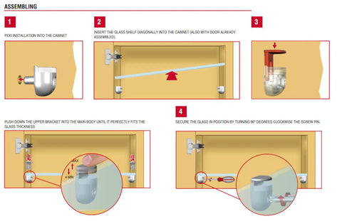 Step-by-step assembly guide for Heavy Duty Glass Shelf Pins With Nonslip Rubber Tops Premium Zinc Bracket Supports.