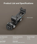 Bangin Universal Phone Holder Mount With Cold Shoe And Quick Release Clamp showing dimensions and material details for tripods.