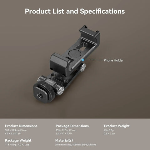 Bangin Universal Phone Holder Mount With Cold Shoe And Quick Release Clamp showing dimensions and material details for tripods.