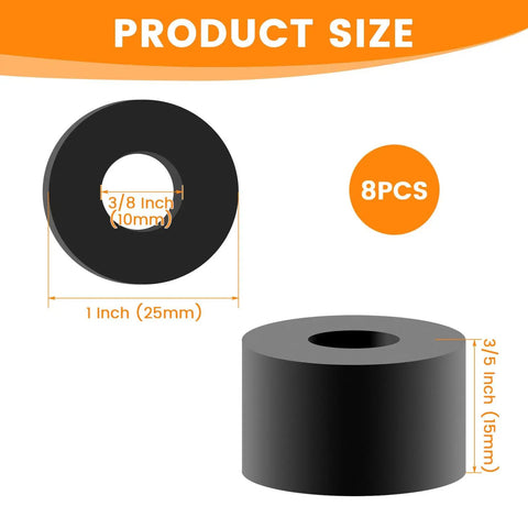Set Of Eight Built Tough Black Rubber Spacers And Heavy Duty Backing Washers One Inch Outside Diameter With Three Eighths Inner Bore Thick Gasket Rings for detailed size illustration.
