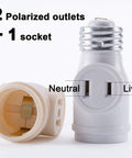 UL Listed E26 To Two Prong Polarized Outlet Splitter And Bulb Socket Adapter No Fuss Setup displayed with outlets and socket