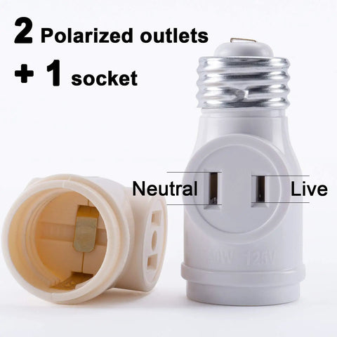 UL Listed E26 To Two Prong Polarized Outlet Splitter And Bulb Socket Adapter No Fuss Setup displayed with outlets and socket