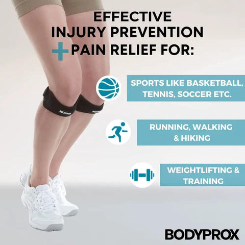 Patella Tendon Knee Strap 2 Pack in use for sports and exercise, featuring adjustable knee support brace for pain relief.