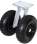 10 Inch Dual Wheel Pneumatic Swivel Caster With Twin Air Tires, Heavy Duty Plate Mount with dual black tires and zinc frame.