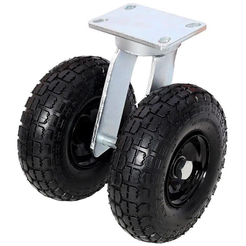 10 Inch Dual Wheel Pneumatic Swivel Caster With Twin Air Tires, Heavy Duty Plate Mount with dual black tires and zinc frame.