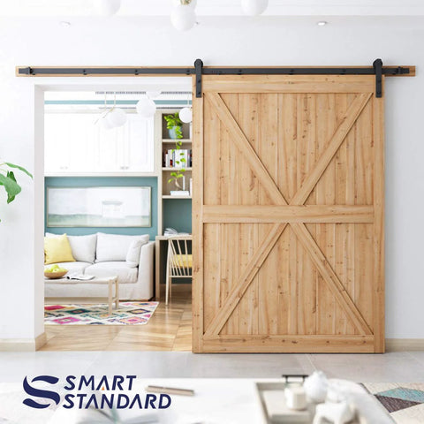 10Ft Barn Door Hardware Kit For 60 Inch Wide Doors With I Shape Hangers in modern living room setting