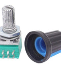 Ten Pack Potentiometers Set Top Adjust Rotary Potentiometers With Knurled Shafts 6 Pin Linear Rotary 5K 10K 20K 50K 100K Ohm Values Two Each For DIY Audio Gear And Electronics, knurled shaft and knob close-up