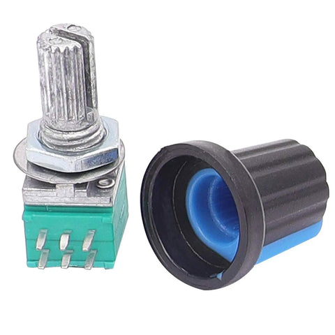Ten Pack Potentiometers Set Top Adjust Rotary Potentiometers With Knurled Shafts 6 Pin Linear Rotary 5K 10K 20K 50K 100K Ohm Values Two Each For DIY Audio Gear And Electronics, knurled shaft and knob close-up
