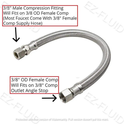 Three Eighths Inch Male To Three Eighths Inch Female Compression Stainless Steel Braided Faucet Extension Line 12 inch NSF view