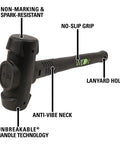 Non-marking Dead Blow Hammer 16 Inch, 4 Lb Head, Spark-Resistant and Ergonomic Grip, vulcanized rubber handle showing features