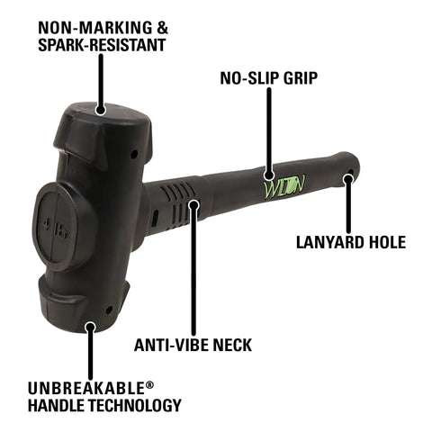 Non-marking Dead Blow Hammer 16 Inch, 4 Lb Head, Spark-Resistant and Ergonomic Grip, vulcanized rubber handle showing features