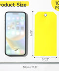 100 Pack Rugged Writable Plastic Tags With Secure Wire Ties, Heavy Duty Waterproof Labels For Outdoor Tools Garage Moving Pipes, Bright Yellow Surface No Sweat Marker Writing System with size comparison to smartphone.